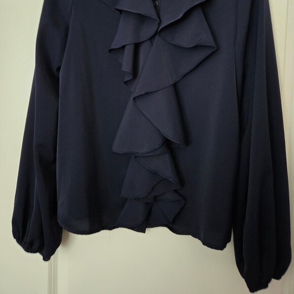 Navy Blue Ruffle Front Poets Blouse - Picture 5 of 5